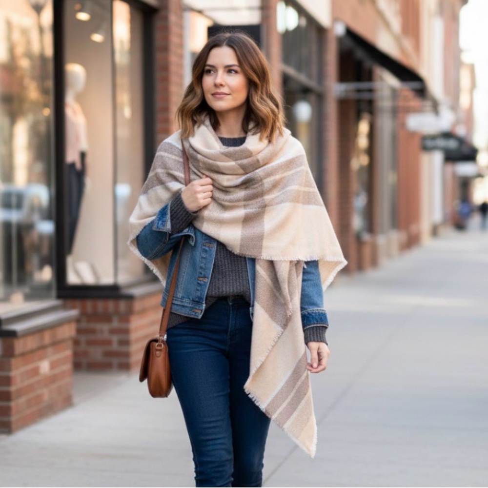 Candie’s Striped Oversized Triangular Blanket Scarf Fringe Shawl Wrap Boho Chic